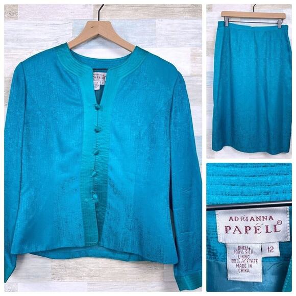 Adrianna Papell Silk Satin Skirt Suit Blue Lined Vintage Asian Theme Womens 12